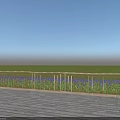 Patterned Metal Railing On Building Exterior Wall With Wooden Deck Green Grassland And Blue Sky