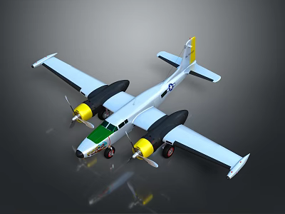 Realistic Passenger Aircraft 3D Model With Twin Engines White Fuselage And Yellow Propellers 3d model