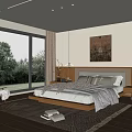 Serene Bedroom Interior With Wooden Bed Woven Rug Large Window And Abstract Painting