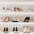 Stylish High Heels Displayed On White Shelves With Various Colors And Styles