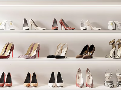 Stylish High Heels Displayed On White Shelves With Various Colors And Styles 3d model