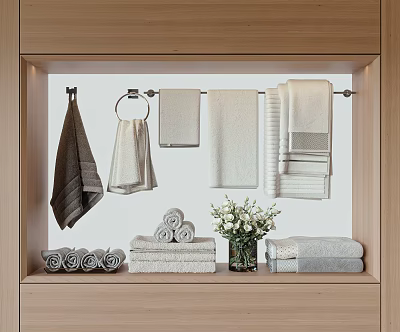 Soft Hanging And Folded Towels Display With Rolled Towels Vase And Flowers On Wooden Shelf 3d model