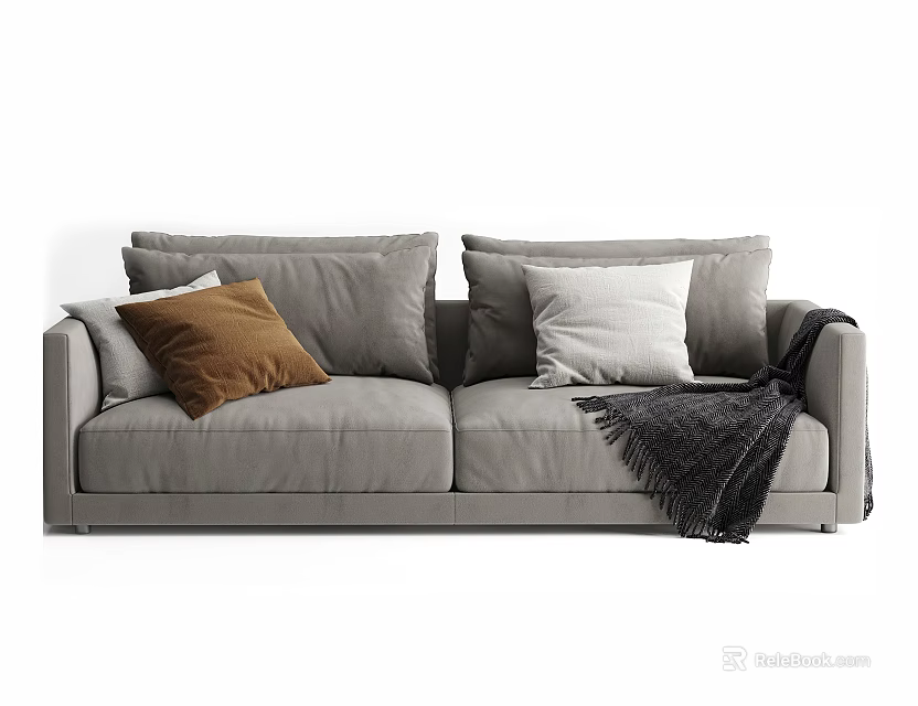 Modern Grey Two Seater Sofa With Brown And White Cushions And Black Blanket 3d model 