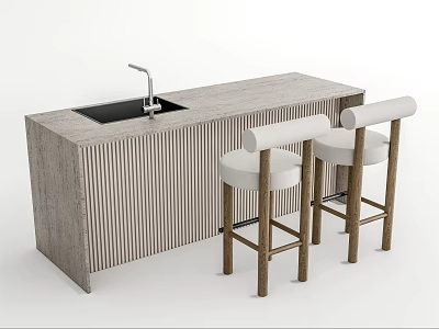 Modern Striped Bar Counter With Sink Faucet And Two Wooden Leg Bar Stools White Cushions 3d model