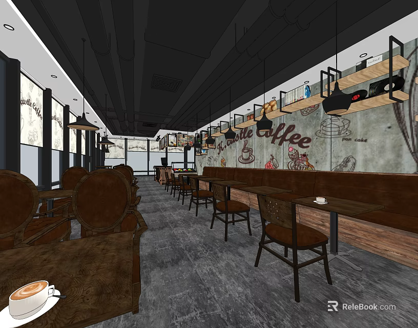 Modern Coffee Restaurant Interior With Wooden Tables Chairs Decorative Wall And Pendant Lights 3d model 