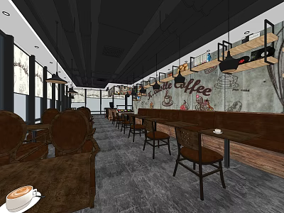 Modern Coffee Restaurant Interior With Wooden Tables Chairs Decorative Wall And Pendant Lights 3d model