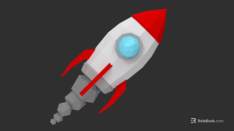 Low Poly Rocket 3D Model With Red White Body And Blue Round Window 3d model 