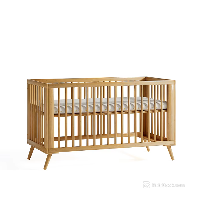 Sturdy Modern Wooden Baby Crib with Vertical Railings and Light Mattress 3d model 