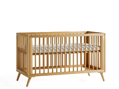 Sturdy Modern Wooden Baby Crib with Vertical Railings and Light Mattress 3d model