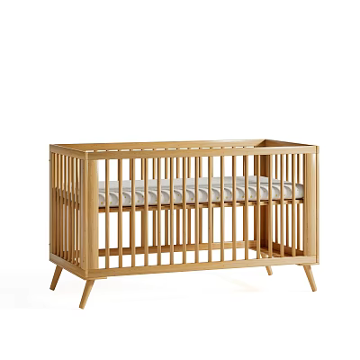 Sturdy Modern Wooden Baby Crib with Vertical Railings and Light Mattress 3d model