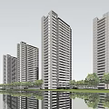 Modern High Rise Residential Buildings With Green Lawn Trees And Pond