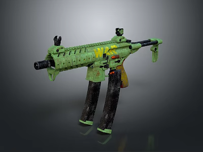 Green Submachine Gun With Double Grip Yellow MK Lettering And Worn Details 3d model