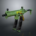 Green Submachine Gun With Double Grip Yellow MK Lettering And Worn Details