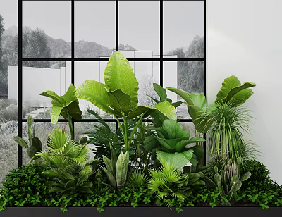 Lush Green Indoor Garden With Large Tropical Leaves And Natural Light View 3d model