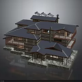 Traditional Multi Story House with Blue Roof Solar Panels Wooden Structure Balconies and Stone Base