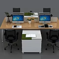Modern Office Desk Setup With Two Computer Monitors Potted Plants And Black Chairs 3d model