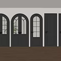 Black Interior Doors With Arched Glass Panels And Various Designs On Wooden Floor