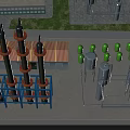 Modern Industrial Plant Featuring Tall Processing Towers Metal Structures And Storage Tanks