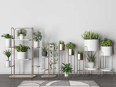 Stylish Garden Decor With Multi Tiered Metal Plant Stands And Various Green Plants 3d model