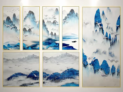 Ink Wash Landscape Paintings With Blue White Mountain Peaks And Flying Birds 3d model
