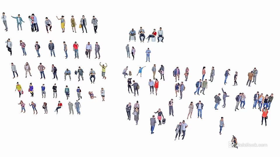 Group of People in Various Poses and Different Clothing on White Background 3d model 