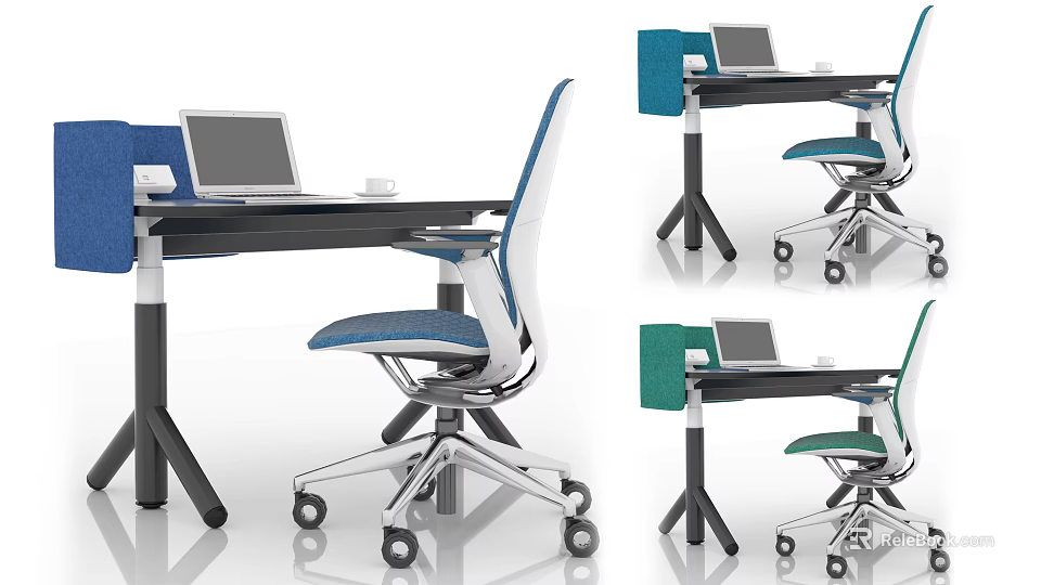 Stylish Modern Office Desk Design With Multicolored Chairs Laptop And Rolling Casters 3d model 
