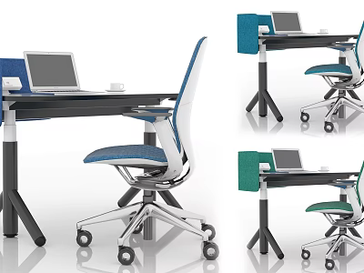 Stylish Modern Office Desk Design With Multicolored Chairs Laptop And Rolling Casters 3d model