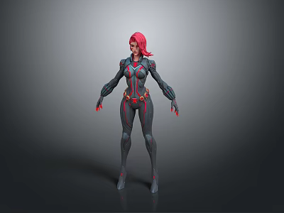 Female Character With Red Hair In Dark Form Fitting Suit And Red Accents Standing Pose 3d model
