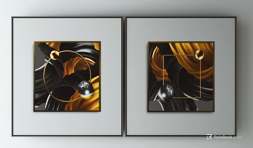 Two Abstract Wall Art Pieces With Gold Black Geometric Shapes And Spherical Elements 3d model