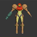 Sci Fi Character In Red Gold Armor With Green Mechanical Arm Design Details