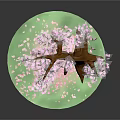 Game Movie Character in Traditional Outfit Holding Fan Under Cherry Blossom Tree With Falling Petals