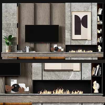 Modern TV Wall Design Featuring Wooden Panel Marble Fireplace Artwork Green Plant And Bookshelf 3d model