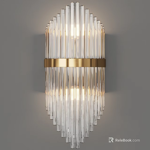 Elegant Modern Wall Sconce Featuring Transparent Vertical Glass Rods and Gold Band 3d model 