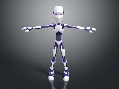 3D Robot Character With Mechanical Design White And Purple Color And Outstretched Arms 3d model