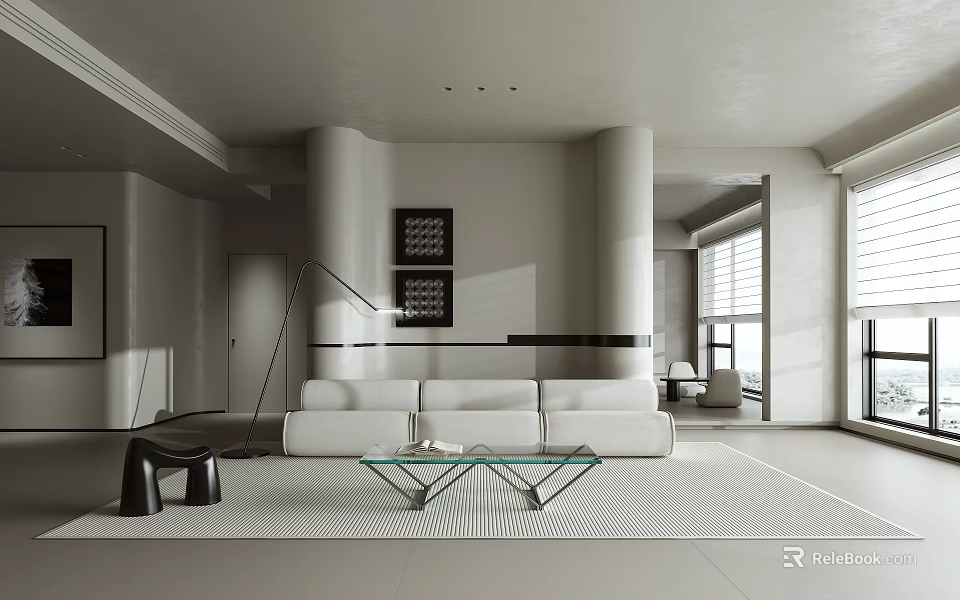 Modern Living Room With White Sofa Glass Coffee Table and Black and White Decorative Paintings 3d model 