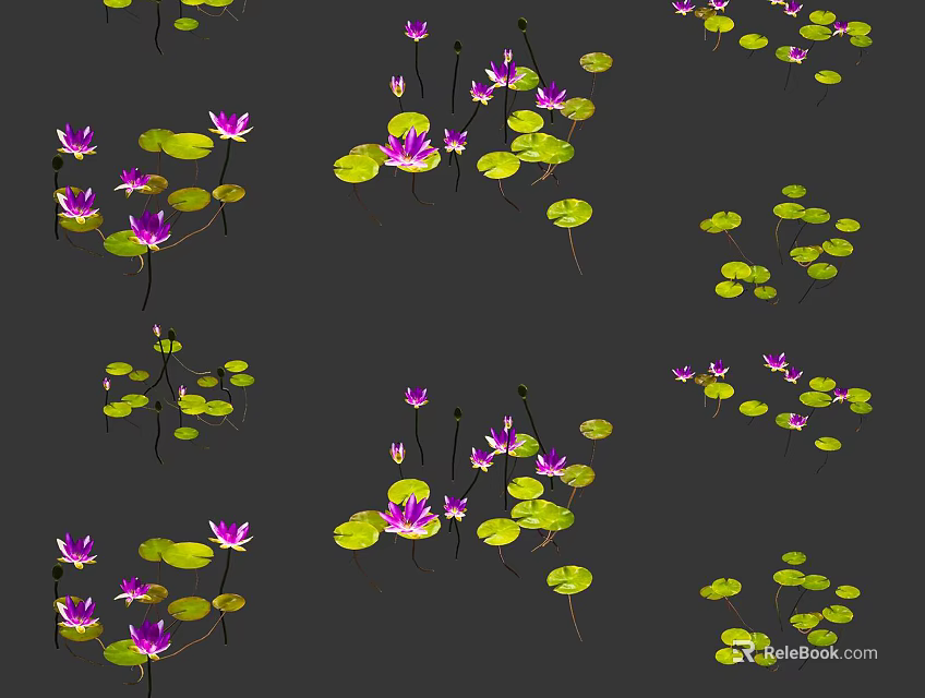 Aquatic Plants With Purple Flowers And Green Lily Pads On Water Surface 3d model 