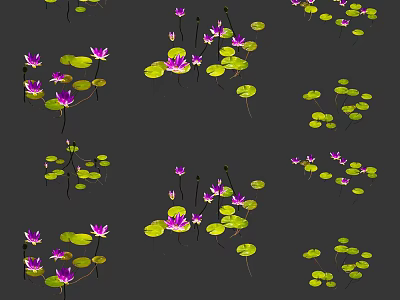 Aquatic Plants With Purple Flowers And Green Lily Pads On Water Surface 3d model