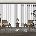 Cozy Indoor Wooden Table And Rattan Chair Set With Green Plants And Blinds