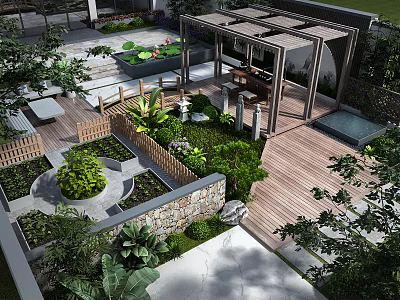 Modern Garden Landscape Design With Wooden Deck Pergola And Lush Plants 3d model