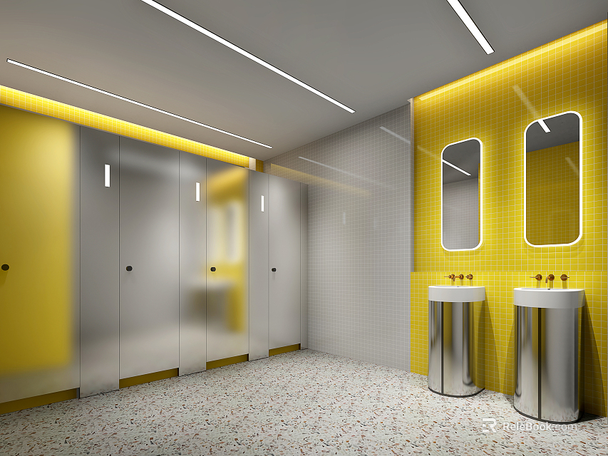 Public Restroom Interior With Yellow Tiled Walls Silver Stalls Sinks And Mirrors 3d model 