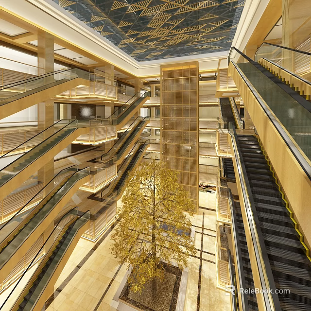 Spacious Shopping Mall Atrium Featuring Multiple Escalators Decorative Tree Ornate Ceiling And Marble Flooring 3d model