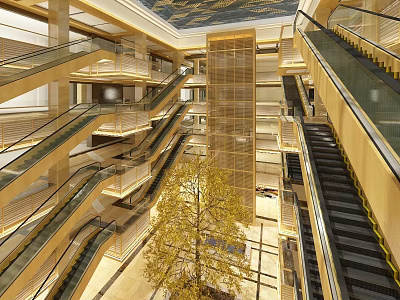 Spacious Shopping Mall Atrium Featuring Multiple Escalators Decorative Tree Ornate Ceiling And Marble Flooring 3d model