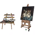 Art Supplies Easel With Painting Of Two Cats Brushes And Paints Stand