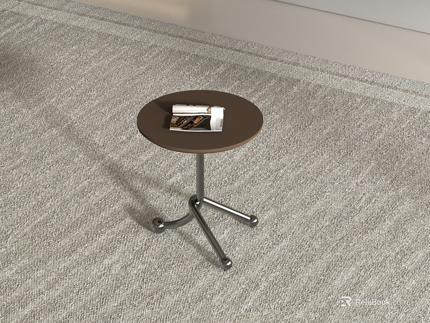 Modern Round Side Table With Brown Tabletop And Metal Three Legs On Carpet 3d model 