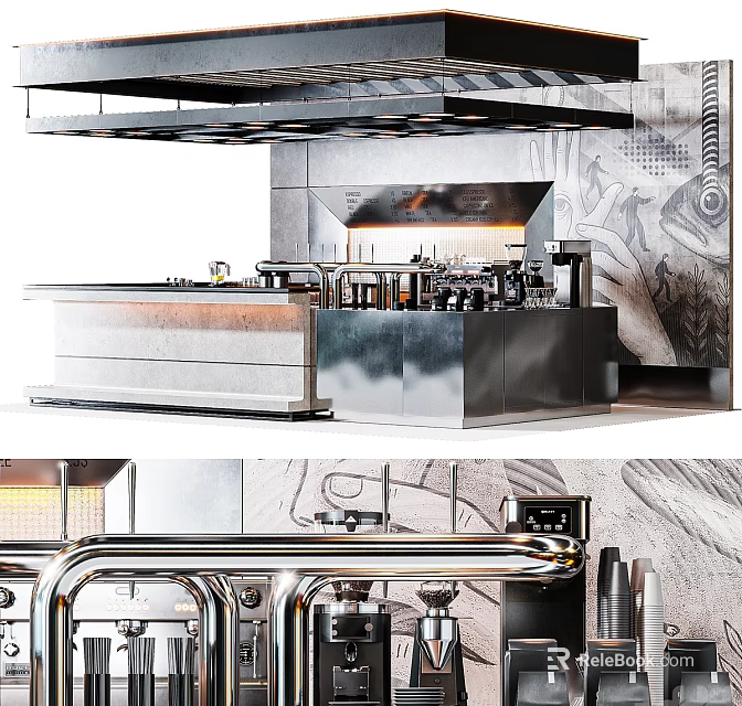 Modern Café Interior With Sleek Metallic Bar Counter And Coffee Brewing Equipment 3d model 