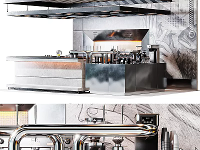 Modern Café Interior With Sleek Metallic Bar Counter And Coffee Brewing Equipment 3d model