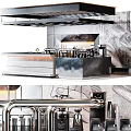 Modern Café Interior With Sleek Metallic Bar Counter And Coffee Brewing Equipment