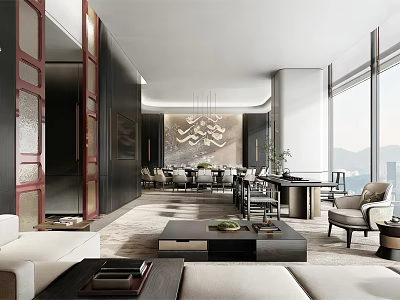 Modern Hotel Public Lounge With Large Windows Mountain View And Elegant Furniture 3d model