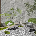 Zen Courtyard Garden Design With Stone Wall Mossy Rocks And Green Plants