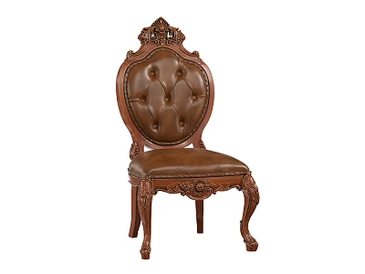 Classic Carved Wood Dining Chair With Brown Tufted Leather Seat And Ornate Back 3d model
